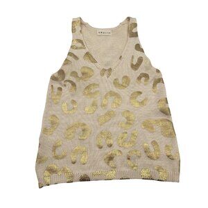 AMOLI Knit Leopard Print V Neck Tank Top Size S M Beige‎ Gold Metallic